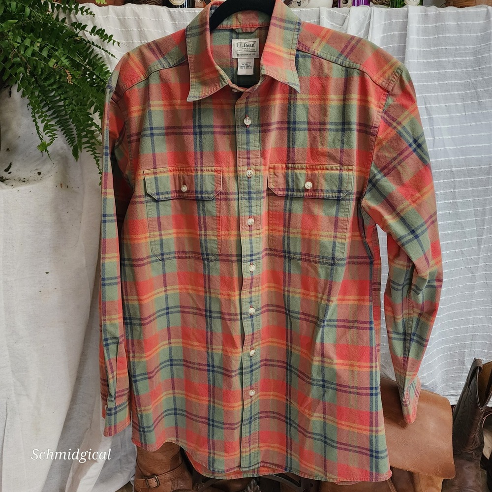 LL Bean Mens M Tall Traditional Fit Plaid Flannel Button Down Shirt Orange Green